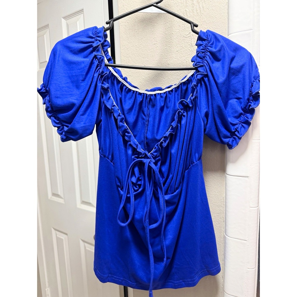 SHEIN Curve Women's Plus 0X Blue Square Neck Puff Sleeve Ruffle Tie Blouse